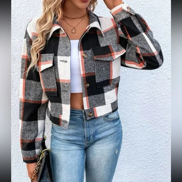 Boho navy blue plaid button down cropped jacket - Picture 14 of 16